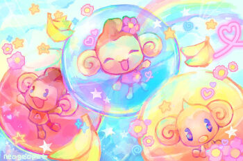 1girl 2boys aiai_(super_monkey_ball) animal_ears baby baby_(super_monkey_ball) banana chibi chibi_only chibikemo closed_eyes colorful commentary english_commentary flower food fruit furry furry_female furry_male hair_flower hair_ornament happy heisei_retro highres meemee_(super_monkey_ball) monkey_boy monkey_ears monkey_girl monkey_tail multiple_boys neogeopet orb pacifier rainbow smile star_(symbol) super_monkey_ball tail