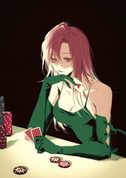 1girl ace_(playing_card) ace_of_hearts alternate_costume asymmetrical_bangs bare_shoulders black_background breasts card chemise chinese_commentary cleavage commentary curtained_hair dress elbow_gloves gambling gloves glowing glowing_eye green_dress green_gloves hair_between_eyes head_rest heart highres holding holding_card looking_at_viewer medium_breasts mitsukyou path_to_nowhere playing_card poker poker_chip purple_eyes purple_hair shalom_(path_to_nowhere) sideways_glance simple_background smile solo spaghetti_strap upper_body