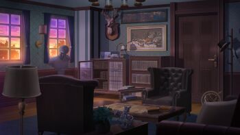 antlers bookshelf cabinet chair curtains desk_lamp door doorknob globe hat hat_rack horns indoors interior lamp lounge no_humans orange_sky original painting_(object) plant potted_plant purple_sky reindeer_antlers scenery sky statue sunset taxidermy tree unworn_hat unworn_headwear window windowsill yu02257951