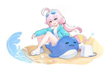 Rule 34 | 1girl, :d, absurdres, ahoge, arm on knee, ball, beach, beachball, bikini, blue-tinted eyewear, blue archive, blue eyes, blue jacket, blush, breasts, bucket, chinese commentary, collarbone, commentary, eyewear on head, fang, frilled bikini, frills, hair between eyes, hair bobbles, hair flaps, hair ornament, halo, heterochromia, highres, hoshino (blue archive), hoshino (swimsuit) (blue archive), inflatable toy, inflatable whale, jacket, knees up, long hair, long sleeves, looking at viewer, low twintails, official alternate costume, official alternate hairstyle, open clothes, open jacket, open mouth, pink hair, sand, sandals, shell, simple background, single bare shoulder, single off shoulder, sitting, skin fang, small breasts, smile, solo, spaghetti strap, starfish, sunglasses, swimsuit, tinted eyewear, toes, twintails, water, white background, white bikini, white sandals, xiao bailong, yellow eyes