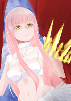 absurdres crop_top fate/grand_order fate_(series) highres long_hair medb_(fate) medb_(third_ascension)_(fate) midriff navel pink_hair skirt white_skirt yellow_eyes