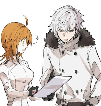 1boy 1girl ahoge black_gloves breasts command_spell dress earrings fate/grand_order fate_(series) fujimaru_ritsuka_(female) fujimaru_ritsuka_(female)_(decisive_battle_chaldea_uniform) fur_trim gloves grey_hair jacket jewelry kadoc_zemlupus ki_wa001 long_hair long_sleeves medium_breasts open_mouth orange_eyes orange_hair shirt short_hair simple_background sparkle white_background white_dress white_hair white_jacket yellow_eyes