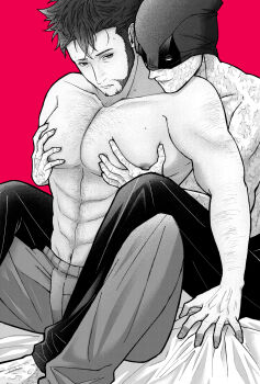 2boys abs animification arm_hair barefoot beard chest_hair collarbone commentary_request deadpool deadpool_&amp;_wolverine deadpool_(series) doghooouse facial_hair highres large_pectorals looking_at_another male_focus marvel marvel mask mask_lift monochrome multiple_boys muscular muscular_male navel navel_hair nipples pants parted_lips pectoral_grab pectorals red_background scar scars_all_over short_hair sitting sweat too_many topless_male wolverine_(x-men) x-men yaoi
