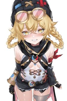 1girl black_hat blonde_hair braid braided_hair_rings breasts center_opening cobra_(cobra_63) eyewear_on_head genshin_impact goggles goggles_on_head grin hair_rings hat highres jahoda_(genshin_impact) looking_at_viewer mechanical_arms pink-tinted_eyewear prosthesis prosthetic_arm single_mechanical_arm small_breasts smile solo star-shaped_pupils star_(symbol) symbol-shaped_pupils thighhighs tinted_eyewear torn_clothes torn_thighhighs underboob x_hat_ornament yellow_eyes