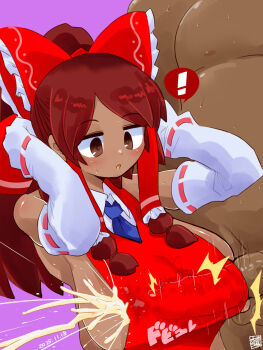 ! 1boy 1girl agucala_(cookie) blue_necktie blush bow breasts brown_eyes commentary_request cookie_(touhou) cum dark-skinned_female dark-skinned_male dark_skin dated ejaculation elbow_gloves frilled_hair_tubes frills gloves hair_bow hair_tubes hakurei_reimu highres itini-sanshi large_breasts long_hair necktie open_mouth paizuri paizuri_under_clothes penis purple_background red_bow red_hair red_shirt ribbon-trimmed_gloves ribbon_trim shirt sidelocks simple_background sleeveless sleeveless_shirt solo_focus spoken_exclamation_mark touhou upper_body white_gloves