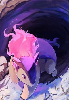 Rule 34 | animal focus, cave, chufflepop, closed mouth, fire, full body, highres, hisuian typhlosion, nintendo, no humans, outdoors, pink fire, pokemon, pokemon (creature), pokemon focus, purple fire, purple fur, red eyes, snow, two-tone fur, yellow fur