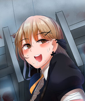 1girl absurdres blonde_hair blush brown_eyes crying crying_with_eyes_open drooling earrings girls&#039;_frontline gun handgun highres jewelry long_hair ppk_(girls&#039;_frontline) puffy_short_sleeves puffy_sleeves short_sleeves smile solo tears very_long_hair walther walther_ppk weapon what yellowseeds