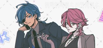 Rule 34 | 1boy, 1girl, antenna hair, black dress, black gloves, black jacket, black nails, black necktie, blue eyes, blue hair, breasts, cigarette, cleavage, closed mouth, collar chain (jewelry), collared shirt, commentary request, dark-skinned male, dark skin, dress, ear piercing, earrings, eyelashes, eyepatch, fingernails, frown, genshin impact, gloves, grey jacket, grey shirt, grid background, hair between eyes, half gloves, hand up, highres, holding, holding cigarette, jacket, jacket on shoulders, jewelry, kaeya (genshin impact), lapels, linked piercing, long fingernails, long hair, long sleeves, looking at viewer, low ponytail, medium breasts, medium hair, multicolored hair, nail polish, necklace, necktie, nendo (n), one eye covered, open clothes, open jacket, parted bangs, piercing, ponytail, purple eyes, purple hair, red hair, rosaria (genshin impact), shirt, sleeveless, sleeveless dress, smile, streaked hair, stud earrings, upper body, white background, wing collar