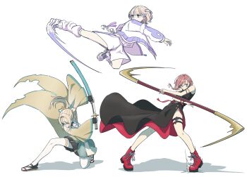 3girls absurdres blonde_hair bo_staff commentary drawing_sword dress haori highres holding holding_sword holding_weapon hololive hololive_dev_is jacket japanese_clothes katana kazama_iroha kazama_iroha_(1st_costume) kicking leg_warmers long_dress motion_blur multiple_girls north_work on_one_knee pink_hair ponytail shoes shorts skirt sneakers sword symbol-only_commentary takane_lui takane_lui_(china_dress) thigh_strap thighhighs todoroki_hajime todoroki_hajime_(1st_costume) virtual_youtuber weapon white_jacket white_leg_warmers white_thighhighs wide_sleeves yellow_haori