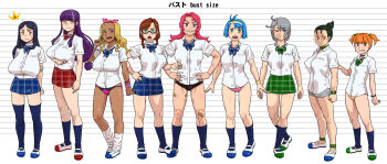 6+girls amanai_sora bandaid bitch_gakuen black_hair blonde_hair blue_eyes blue_hair blunt_bangs blush bow braid breast_hold breasts brown_hair bust_chart clenched_teeth expressionless feet female_focus full_body furuya_touko glasses green_eyes grey_hair groin gyaru habatakuhituji hair_bow hair_bun hair_over_one_eye hands_on_own_hips height_comparison height_difference highres huge_breasts ikaru_miho kenjou_miyabi kneehighs koganei_akina large_breasts legs long_hair looking_at_viewer loose_socks low-tied_long_hair mahou_iori multiple_girls orange_eyes orange_hair original panties purple_hair red_eyes red_hair sakai_yuria school_uniform serious shida_maara shoes short_hair sidelocks simple_background single_hair_bun skirt small_breasts smile socks standing teeth thighhighs thighs twin_braids twintails underwear white_background yatsurugi_moroha yellow_eyes zettai_ryouiki
