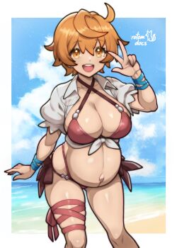 1girl :d absurdres arm_ribbon beach becky_(dragalia_lost) blue_ribbon breasts cleavage collarbone commentary commission dragalia_lost earrings english_commentary female_focus fingernails highres jewelry ko-fi_commission large_breasts leaning_forward leg_ribbon linea_nigra looking_at_viewer navel ocean open_clothes open_mouth open_shirt orange_eyes orange_hair outie_navel pregnant red_ribbon ribbon rotomdocs shirt short_hair signature smile solo swimsuit v water white_shirt
