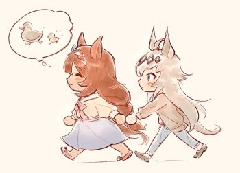 2girls ahoge animal_ears baby_animal bird blue_eyes blue_pants blue_skirt blush bow braid brown_hair brown_jacket closed_eyes closed_mouth commentary duck duckling english_commentary grey_hair hair_between_eyes hairband highres holding_hands horse_ears horse_girl horse_tail jacket long_hair long_sleeves multicolored_hair multiple_girls oguri_cap_(casual)_(umamusume) oguri_cap_(umamusume) pants pink_bow shirt shoes skirt smile speech_bubble streaked_hair super_creek_(casual)_(umamusume) super_creek_(umamusume) tail tanukimo_imo thought_bubble umamusume very_long_hair white_hair white_shirt