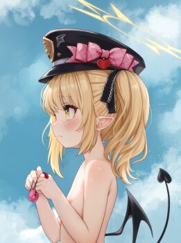 1girl absurdres bare_shoulders black_hat black_tail black_wings blonde_hair blue_archive blue_sky blush closed_mouth cloud commentary comodox crime_prevention_buzzer demon_girl demon_tail demon_wings english_commentary flat_chest from_side halo hands_up hat highres huge_filesize ibuki_(blue_archive) loli long_hair nipples nude outdoors peaked_cap pointy_ears profile side_ponytail sky solo standing tail upper_body variant_set wings yellow_eyes