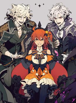 1girl 2boys ahoge alternate_costume bandaged_arm bandaged_fingers bandaged_neck bandages bat_ornament black_gloves black_thighhighs chest_bow claws collared_shirt colored_tips cross cross_necklace edmond_dantes_(fate) edmond_dantes_(monte_cristo_selection)_(fate) elbow_gloves fangs fate/grand_order fate_(series) frilled_skirt frills fujimaru_ritsuka_(female) ghost_ornament gloves gradient_hair green_shirt green_vest grey_background grey_hair grey_pants grin hair_ornament hair_ribbon hair_scrunchie halloween_costume high-low_skirt highres jacket jacket_on_shoulders jewelry kou_jia long_sleeves looking_at_viewer multicolored_hair multiple_boys necklace official_alternate_costume orange_eyes orange_hair overskirt pants papasan_chair pointy_ears red_eyes ribbon scar scar_on_arm scar_on_chest scrunchie sharp_teeth shirt side_ponytail simple_background skirt sleeves_rolled_up smile star_(symbol) striped_clothes striped_thighhighs teeth the_count_of_monte_cristo_(fate) the_count_of_monte_cristo_(second_ascension)_(fate) thighhighs vest white_hair yellow_eyes