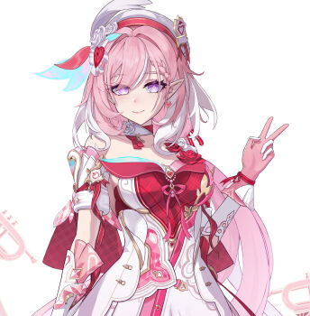 1girl absurdres braid braided_bangs breasts closed_mouth commentary_request diamond-shaped_pupils diamond_(shape) dress earrings elysia_(hi_love_elf)_(honkai_impact) elysia_(honkai_impact) gloves hair_ornament heart heart_earrings heart_hair_ornament highres honkai_(series) honkai_impact_3rd jewelry kabuto_tong large_breasts long_hair pink_gloves pink_hair pointy_ears purple_eyes red_dress simple_background single_bare_shoulder smile solo symbol-shaped_pupils upper_body v white_background white_dress