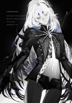 Rule 34 | 1boy, absurdres, black background, black gloves, black jacket, black pantyhose, black shorts, blue hair, bone print, clothing cutout, collared jacket, colored tips, commentary, commission, cowboy shot, feather hair ornament, feathers, gloves, gradient background, hair ornament, high collar, highres, jacket, lapels, lips, long hair, long sleeves, looking at viewer, male focus, mole, mole under eye, multicolored hair, navel, open clothes, open jacket, original, pale skin, pantyhose, parted bangs, parted lips, red pupils, shengdi yage, short shorts, shorts, shoulder spikes, single hair intake, smile, solo, spikes, stomach cutout, untranslatable commentary, teeth, thorns, very long hair, watermark, weibo watermark, white background, white eyes, white hair