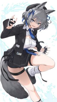 1girl animal_ear_fluff animal_ears belt black_belt black_hat black_jacket black_shoes black_skirt blue_eyes blue_necktie blue_ribbon breasts buttons cleavage cleavage_cutout clothing_cutout collared_shirt commentary_request commission cropped_jacket fangs fingerless_gloves gloves grey_hair grey_tail hair_between_eyes hair_ribbon hat head_tilt highres id_card jacket kamo_ashi kneehighs large_breasts leg_up light_trail long_sleeves looking_at_viewer necktie open_clothes open_hand open_jacket open_mouth original ribbon shirt shirt_tucked_in shoes short_hair simple_background skeb_commission skirt socks solo standing standing_on_one_leg tail teeth thighs two_side_up unbuttoned_jacket upper_teeth_only white_background white_shirt wolf_ears wolf_girl wolf_tail