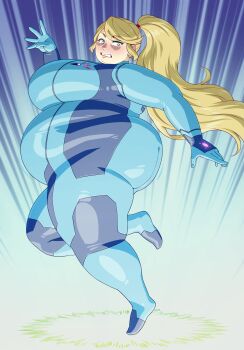 1girl absurdres ass better-with-salt blonde_hair blush breasts fat female_focus from_side full_body green_eyes highres huge_ass huge_breasts long_hair looking_down metroid nintendo ponytail samus_aran skin_tight solo thick_thighs thighs zero_suit