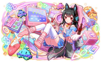 &gt;_&lt; 1girl animal_ear_headphones animal_ears animal_slippers aqua_jacket aqua_skirt aqua_sleeves asymmetrical_footwear atlach-nacha_(crash_fever) bag_of_chips bare_shoulders belt_buckle belt_collar black_hair black_tail bottle bow buckle cake camisole cat_ear_headphones cat_ears cel_shading chair chips_(food) circle collar crash_fever dig_dug_2 expressionless fake_animal_ears fingernails flower_ornament food fork fruit full_body game_cg game_console gamecube gamecube_controller gaming_chair gold_buckle headphones heart heart_print horizontal-striped_socks ice_cream jacket kneehighs light_particles long_hair looking_at_viewer midriff mismatched_footwear mona_(2ch) monitor nail_polish navel neck_flower official_art on_chair open_mouth orange_(fruit) orange_slice outline paw_print_soles pink_bow pink_nails pink_socks pitfall_(game) plus_sign potato_chips red_eyes red_outline saturated screen shirt sidelocks sitting skirt sleeve_bow slippers socks soda_bottle solo space_invaders speaker sprite_art square strawberry striped_clothes striped_shirt super_famicom super_famicom_gamepad swivel_chair tachi-e thighhighs transparent_background tri_tails triangle ufo unworn_slippers video_game white_thighhighs