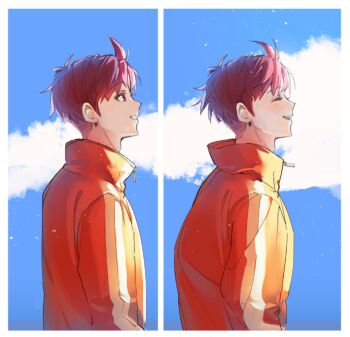 1boy blue_sky blush brown_eyes closed_eyes cloud cloudy_sky dandadan earrings enjoji_jin from_side jacket jeon10457441 jewelry long_sleeves male_focus multiple_views open_mouth orange_jacket outdoors parted_lips profile red_hair sequential short_hair sky smile track_jacket upper_body