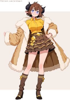 1girl animal_ears anya_(archapxl) archapxl artist_name black_horns black_shoes blue_eyes blush blush_stickers bob_cut border breasts brown_background brown_coat brown_hair brown_skirt brown_socks closed_mouth coat collared_shirt commentary curled_horns dress_shoes droopy_ears earrings english_commentary eyelashes frilled_skirt frills full_body fur-trimmed_coat fur_trim gold_earrings gold_trim hair_between_eyes hand_on_own_hip head_tilt high_heels highres horns jewelry kneehighs large_breasts letterboxed long_sleeves looking_at_viewer loose_socks messy_hair open_clothes open_coat original outside_border outstretched_arm patreon_username pendant_earring pixel_art sheep_ears sheep_girl sheep_horns shirt shoes short_hair simple_background skirt sleeves_past_wrists smile socks solo standing white_border yellow_shirt