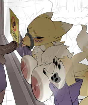 1boy 1girl alternate_breast_size_(larger) animal_ears animal_hands animal_nose black_sclera blue_eyes body_fur breast_press breasts claws colored_sclera commentary digimon digimon_(creature) drooling english_commentary facial_mark foreskin fox_ears fox_girl fox_tail furry furry_female glory_hole highres huge_breasts imminent_fellatio looking_at_penis neck_fur nipples penis purple_sleeves renamon saliva shota sign snout solo_focus tail testicles tongue tongue_out two-tone_fur veins veiny_penis white_fur yellow_fur zhou135627