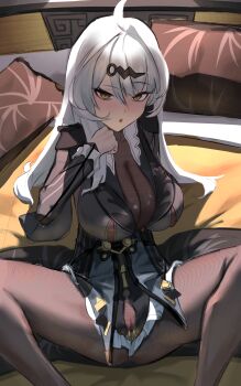 1girl absurdres ahoge bodystocking breasts cleavage covered_pussy highres huge_breasts kaba_(hama) long_hair looking_at_viewer on_bed open_mouth reclining solo spread_legs white_hair yellow_eyes yixuan_(trails_of_ink)_(zenless_zone_zero) yixuan_(zenless_zone_zero) zenless_zone_zero