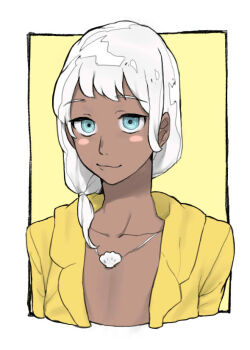 Rule 34 | 1boy, bare pectorals, blue eyes, blush stickers, border, closed mouth, collarbone, collared jacket, commentary request, cropped torso, danganronpa (series), danganronpa v3: killing harmony, dark-skinned male, dark skin, genderswap, genderswap (ftm), hair over shoulder, hair tie, happy, jacket, jewelry, lapels, long hair, long sleeves, low ponytail, male focus, necklace, nostrils, notched lapels, open clothes, open jacket, outside border, pectorals, ponytail, shell, shell necklace, smile, solo, tappo (gemori), white border, white hair, yellow background, yellow jacket, yonaga angie