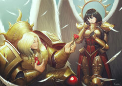 Rule 34 | 1boy, 1girl, angel, angel wings, armor, black hair, blade encarmine, blonde hair, blood angels, blue eyes, blue sky, boobplate, breastplate, commentary, commission, cowboy shot, english commentary, falling feathers, feathers, flower, full armor, gem, giving flower, gold armor, halo, halo behind head, holding, holding flower, holding rose, kneeling, living saint, lutherniel, mechanical halo, ornate armor, outdoors, parted lips, power armor, primarch, red gemstone, regalia resplendent, saint celestine, sanguinius, single rose, sky, smile, warhammer 40k, white wings, wings