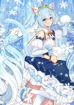 Rule 34 | 1girl, animal ears, animal hands, aqua eyes, aqua hair, beamed eighth notes, blue dress, breasts, cat ears, cat girl, cat paws, cat tail, closed mouth, commentary request, detached collar, detached sleeves, dress, eighth note, fortissimo, frilled dress, frills, gold tiara, gold trim, hair between eyes, hair ornament, hatsune miku, highres, jewelry, light blush, long hair, long sleeves, looking at viewer, midriff, mofmama, musical note, musical note hair ornament, musical note print, navel, official alternate costume, official alternate hairstyle, princess, small breasts, smile, snowflake hair ornament, solo, stomach, tail, thighhighs, tiara, twintails, very long hair, vocaloid, white thighhighs, yuki miku, yuki miku (2019)