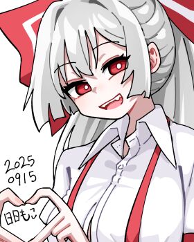 1girl :d absurdres bow breasts bright_pupils button_gap dated dated_commentary eyes_visible_through_hair fang four-finger_heart_hands fujiwara_no_mokou grey_hair hair_bow hair_intakes hands_up happy head_tilt heart heart_hands highres large_breasts long_hair looking_at_viewer neophyte open_mouth pink_nails ponytail red_bow red_eyes shirt simple_background smile solo teeth touhou upper_teeth_only white_background white_pupils white_shirt wing_collar