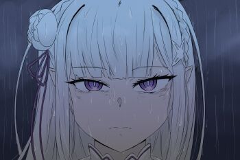 1girl blunt_bangs braid chainsaw_man closed_mouth cloud cloudy_sky crown_braid eennee elf emilia_(re:zero) flower frown hair_flower hair_ornament hair_ribbon highres looking_at_viewer pointy_ears portrait purple_eyes purple_ribbon railing rain re:zero_kara_hajimeru_isekai_seikatsu re:zero_kara_hajimeru_isekai_seikatsu:_lost_in_memories re:zero_kara_kasaneru_isekai_seikatsu reze&#039;s_eye_twitch_(chainsaw_man) ribbon sad scene_reference simple_background sky solo wet white_flower x_hair_ornament