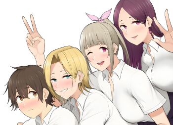 1boy 3girls blonde_hair blue_eyes breasts brown_eyes brown_hair cabello_cafe cabello_morado cabello_rubio gyaru hamazaki_reina highres imaizumi_(imaizumin-chi) imaizumi_keita imaizumin imaizumin-chi_wa_douyara_gal_no_tamariba_ni_natteru_rashii keita_imaizumi kurumizaka_ruri multiple_girls nori_gorou pink_eyes purple_eyes purple_hair sasaki_yukina t-rex_(animation_studio)