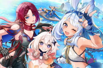 1other 2girls 3girls absurdres aether_(genshin_impact) ahoge asha_(genshin_impact) bare_shoulders bennett_(adventures_in_blazing_hue)_(genshin_impact) bennett_(genshin_impact) black_gloves blonde_hair blue_eyes blue_hair blue_hairband boat braid breasts chasca_(genshin_impact) cleavage closed_eyes closed_mouth clothing_cutout commentary_request crop_top dark_skin double_v earrings eyewear_on_head fingerless_gloves fish-shaped_pupils genshin_impact gloves gradient_hair hair_between_eyes hair_ornament hairband halo hand_on_own_hip hat highres holding holding_unworn_clothes holding_unworn_hat jewelry large_breasts long_hair midriff mole mualani_(genshin_impact) multicolored_hair multiple_boys multiple_girls nail_polish ocean official_alternate_costume okkobc one_eye_closed open_mouth paimon_(genshin_impact) pointy_ears purple_eyes red_eyes red_hair scarf shirt short_hair shoulder_cutout single_braid smile star-shaped_eyewear star_(symbol) symbol-shaped_pupils tan tanline unworn_hat unworn_headwear v watercraft white_hair