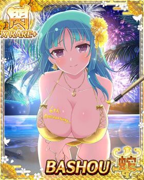 1girl anniversary bashou_(senran_kagura) beach bikini blush body_writing breasts card_(medium) cleavage closed_mouth earrings flower_hairpin game_cg gold_bikini gold_earrings gold_flower green_hair jewelry large_breasts leaning_forward long_hair looking_at_viewer necklace non-web_source ocean official_art paintbrush purple_eyes senran_kagura senran_kagura_new_wave smile solo swimsuit