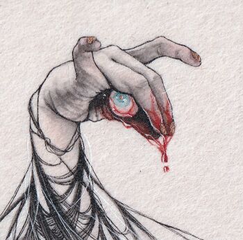 1other black_hair bleeding blood blue_eyes eyeball fox_shadow_puppet guro hand_focus holding holding_eyeball meimaro nail_art original painting_(medium) simple_background solo traditional_media