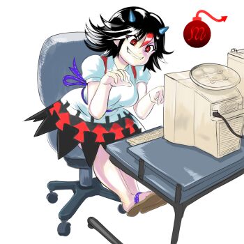 1girl black_hair black_skirt breasts chair commentary computer computer_keyboard computer_tower cone_horns crt desk english_commentary full_body grey_horns hair_between_eyes highres horns kijin_seija looking_at_object malbolge_(programming_language) medium_breasts monitor multicolored_hair no_socks office_chair on_chair profitwalrus purple_ribbon red_eyes red_hair ribbon sandals shirt short_hair short_sleeves simple_background skirt small_horns solo streaked_hair swivel_chair teeth touhou upside-down v-shaped_eyebrows white_background white_shirt