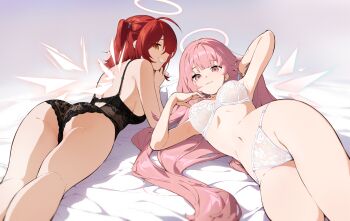 2girls ahoge arknights arm_up armpits ass bare_legs black_bra black_panties bra breasts closed_mouth exusiai_(arknights) grin halo highres lemuen_(arknights) lingerie long_hair looking_at_viewer lying medium_breasts multiple_girls nashidrop on_side on_stomach one_side_up orange_eyes panties pink_eyes pink_hair red_hair smile underwear underwear_only very_long_hair white_bra white_panties wings