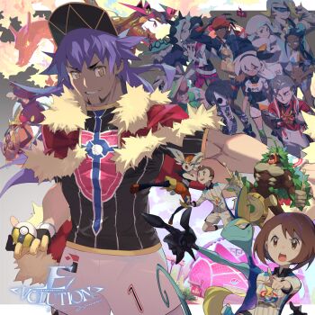 5girls 6+boys aegislash ahoge allister_(pokemon) aqua_eyes armlet baseball_cap bea_(pokemon) beige_headwear belly_chain belt bike_shorts black-framed_eyewear black_bodysuit black_hair black_hairband black_hoodie blue_eyeshadow bob_cut bodysuit bodysuit_under_clothes bow_hairband brown_eyes brown_hair brown_jacket charizard cinderace collared_shirt commentary cropped_jacket dark-skinned_female dark-skinned_male dark_skin dragapult dreepy dynamax dynamax_band e_volution earrings eyeshadow facial_hair gen_1_pokemon gen_4_pokemon gen_5_pokemon gen_6_pokemon gen_8_pokemon gigantamax gigantamax_charizard gloria_(pokemon) gloves gordie_(pokemon) green_eyes green_headwear grey_eyes grey_hair gym_challenge_uniform gym_leader hair_between_eyes hair_bun hairband hat haxorus holding holding_poke_ball hood hoodie hoop_earrings inteleon jacket jewelry kabu_(pokemon) knee_pads leon_(pokemon) long_hair long_sleeves makeup male_focus mask melony_(pokemon) milo_(pokemon) mr._rime multicolored_hair multiple_boys multiple_girls nessa_(pokemon) nintendo old old_woman opal_(pokemon) partially_fingerless_gloves piers_(pokemon) pink_hair pointing poke_ball pokemon pokemon_(creature) pokemon_swsh print_shirt print_shorts purple_hair purple_scarf raihan_(pokemon) rillaboom rotom rotom_phone scarf shirt short_hair short_sleeves shorts single_glove single_hair_bun smile streaked_hair sun_hat sunglasses suspender_shorts suspenders sweater swept_bangs tied_shirt towel towel_around_neck two-tone_hair ultra_ball victor_(pokemon) white_hair white_headwear white_jacket white_scarf white_sweater yellow_eyes