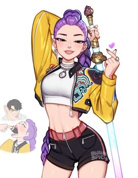 Rule 34 | 1boy, 1girl, belt, black hair, black shorts, blushyspicy, braid, braided ponytail, commentary, crop top, earrings, eating, finger heart, highres, jacket, jewelry, jinu (kpop demon hunters), kpop demon hunters, long hair, looking at viewer, open clothes, open jacket, pink hair, purple hair, rumi (kpop demon hunters), sexually suggestive, shirt, short hair, shorts, smile, solo focus, teeth, white shirt, yellow jacket
