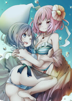 2girls alternate_costume ass bikini breasts cameltoe commentary_request eye_contact flower green_bikini grey_eyes grey_hair hair_flower hair_ornament highres hugh_(pokemon) jewelry konpaku_youmu konpaku_youmu_(ghost) large_breasts looking_at_another multiple_girls necklace pegashi pink_hair pink_robe robe saigyouji_yuyuko sarong see-through_clothes see-through_sarong short_hair striped_bikini striped_clothes swimsuit touhou twisted_torso water_drop white_bikini