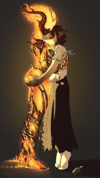 Rule 34 | 2girls, absurdres, ass, black skirt, bottle, brown hair, elemental (creature), fire elemental, flame atronach, from side, grabbing another's ass, gradient background, groping, highres, horns, hug, long skirt, major injury underreaction, medium hair, multiple girls, original, pointy ears, shirt, shoog, short sleeves, skirt, socks, standing, the elder scrolls, the elder scrolls iv: oblivion, torn clothes, torn shirt, yuri