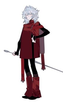 1girl acell1224 black_bodysuit bodysuit full_body hair_intakes highres hollow_knight hornet_(hollow_knight) leg_warmers looking_at_viewer medium_hair needle_(hollow_knight) personification red_leg_warmers red_poncho simple_background solo white_background white_eyes white_hair