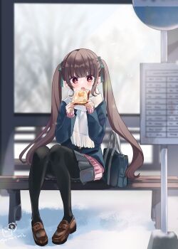 1girl bag black_pantyhose blazer blue_jacket blush bow bread bread_slice brown_eyes brown_hair brown_shoes bus_stop bus_stop_sign commentary_request food fried_egg fringe_trim green_bow grey_skirt hair_bow highres holding holding_food jacket loafers long_hair long_sleeves looking_at_viewer on_bench open_mouth original pantyhose pink_sweater pleated_skirt rino_cnc scarf school_bag school_uniform shoes skirt sleeves_past_wrists solo sweater teeth twintails twitter_username upper_teeth_only very_long_hair white_scarf