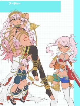 1girl ancient_egyptian_clothes armlet baggy_pants bare_shoulders bikini bikini_top_only black_bikini black_gloves black_thighhighs blue_shorts blush breasts bridal_gauntlets brown_gloves brown_vest calamity_jane_(fate) calamity_jane_(fate)_(cosplay) calamity_jane_(first_ascension)_(fate) chain chloe_von_einzbern circlet cleavage cloak commentary_request cosplay cropped_vest crown cuffs dark-skinned_female dark_skin earrings elbow_gloves facial_tattoo fate/grand_order fate_(series) fingerless_gloves gloves gold_trim green_shorts gun highleg highleg_bikini highres hood hooded_cloak hoop_earrings jewelry licking_lips long_hair long_sleeves looking_at_viewer multiple_views navel neck_ring one_eye_closed open_clothes open_vest orange_eyes pants pink_hair red_bikini sandals shackles short_shorts shorts side_ponytail sidelocks small_breasts smile squatting star_(symbol) star_tattoo stomach_tattoo swimsuit tattoo thighhighs tomo_(ryo_i_so_) tongue tongue_out tutankhamun_(fate) tutankhamun_(fate)_(cosplay) tutankhamun_(first_ascension)_(fate) two-tone_shorts vest weapon white_cloak white_pants white_thighhighs zenobia_(fate) zenobia_(fate)_(cosplay)