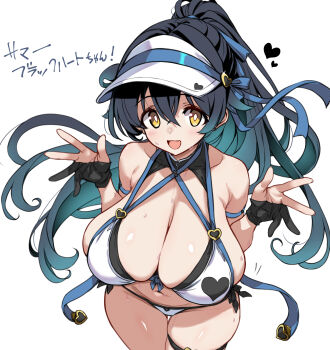 1girl bikini black_gloves black_hair blue_ribbon blush breasts cleavage collarbone gloves hair_ribbon hat heart heart_print highres hirowa_nagi large_breasts long_hair looking_at_viewer navel open_mouth original ponytail print_bikini print_hat ribbon simple_background smile solo standing sweat swimsuit thigh_strap visor_cap waving white_background white_bikini white_hat yellow_eyes