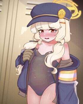 1girl 4th_lol aoba_(blue_archive) black_leotard blonde_hair blue_archive blue_hat blue_jacket blush breasts brown_gloves collarbone covered_navel cowboy_shot gloves halo hat highleg highleg_leotard highres indoors jacket large_variant_set leotard locker loli long_hair long_sleeves looking_at_viewer low_twintails newsboy_cap nose_blush open_clothes open_jacket open_mouth peaked_cap red_eyes small_breasts solo strapless strapless_leotard twintails variant_set yellow_halo