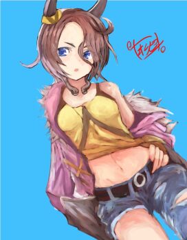 animal_ears blue_background blue_eyes blue_pants brown_hair hair_between_eyes hand_on_own_hip horse_ears horse_girl jacket looking_at_viewer medium_hair narita_taishin_(nevertheless)_(umamusume) narita_taishin_(umamusume) official_alternate_costume open_mouth pants pink_jacket shirt solo torn_clothes torn_pants umamusume yanagi_wakana yellow_shirt