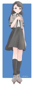 1girl black_hair black_skirt black_socks braid brown_eyes collared_shirt dress_shirt full_body grey_jacket highres jacket js_chihaya_(asr-403) kantai_collection kokko_(014kko) long_hair looking_at_viewer medium_skirt original personification rudder_footwear shirt short_sleeves single_braid skirt smile socks solo standing white_shirt