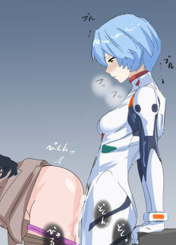 1girl arm_support ass ayanami_rei blue_hair bodysuit breasts clothes_pull clothing_cutout crotch_cutout cum cum_overflow cumdrip doggystyle ejaculation futa_with_female futanari heavy_breathing highres looking_down mecha_pilot_suit medium_breasts motion_lines neon_genesis_evangelion non-web_source panties pants pants_pull panty_pull plugsuit_(evangelion) raitaroo red_eyes sex sex_from_behind short_hair simple_background sound_effects standing sweat underwear white_bodysuit
